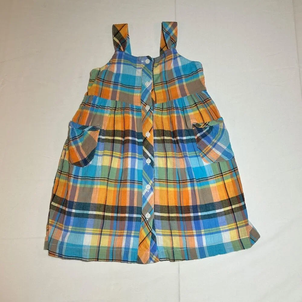 Gymboree Girls 4 Orange Blue Madras Plaid Sleeveless Sundress Preppy Classic